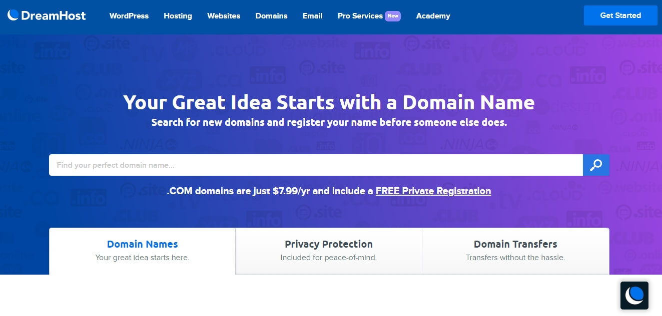 DreamHost domain buying page