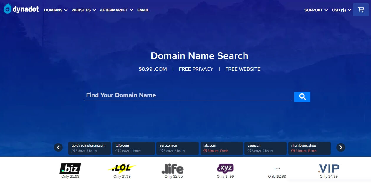 Dynadot domain search page with features