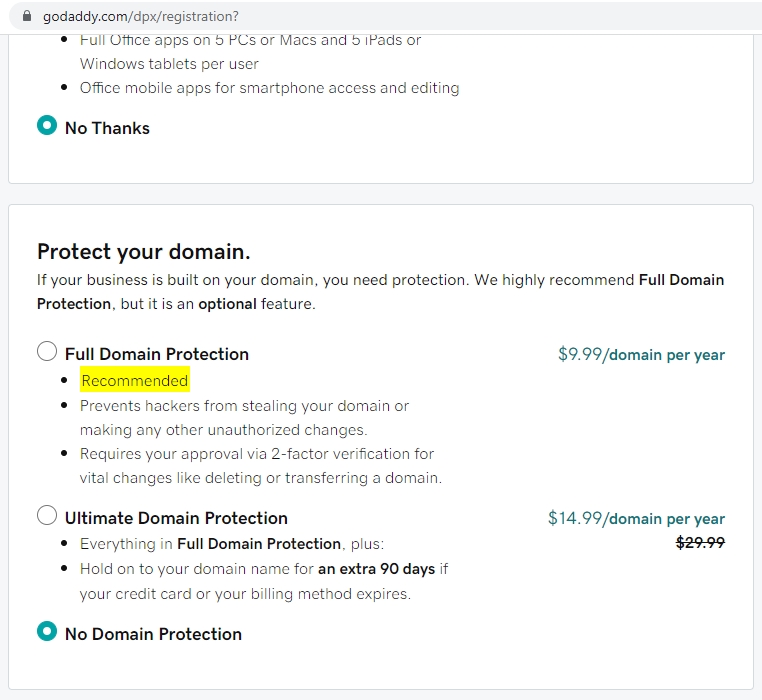 GoDaddy WHOIS protection pricing includes free option