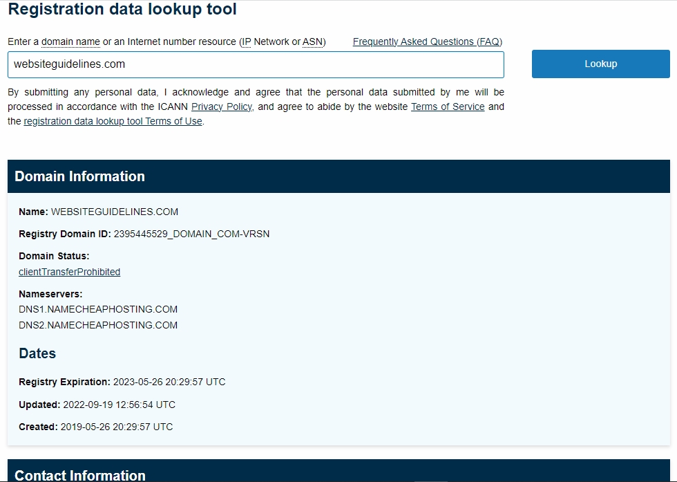 ICANN registration data lookup tool result