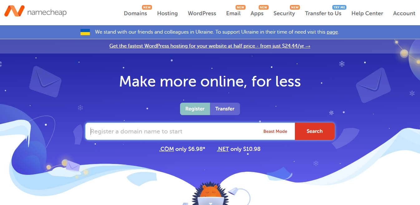 Namecheap homepage with domain name search box panel
