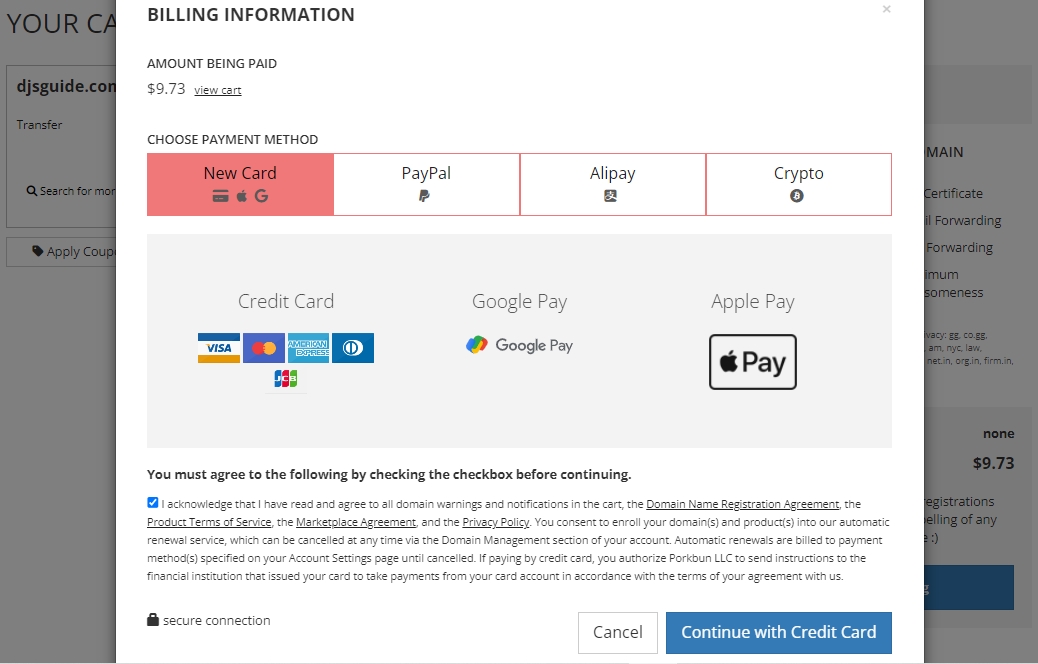 BILLING INFORMATION page