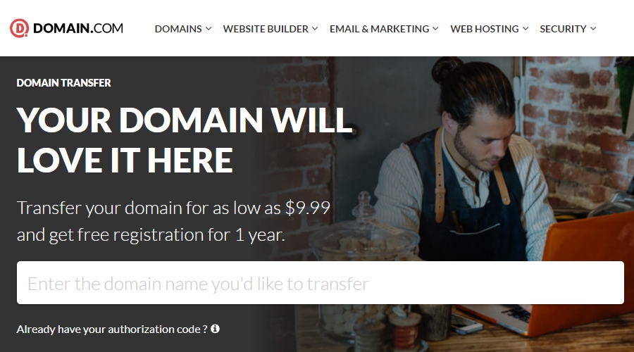 Domain.com domain name transfer page