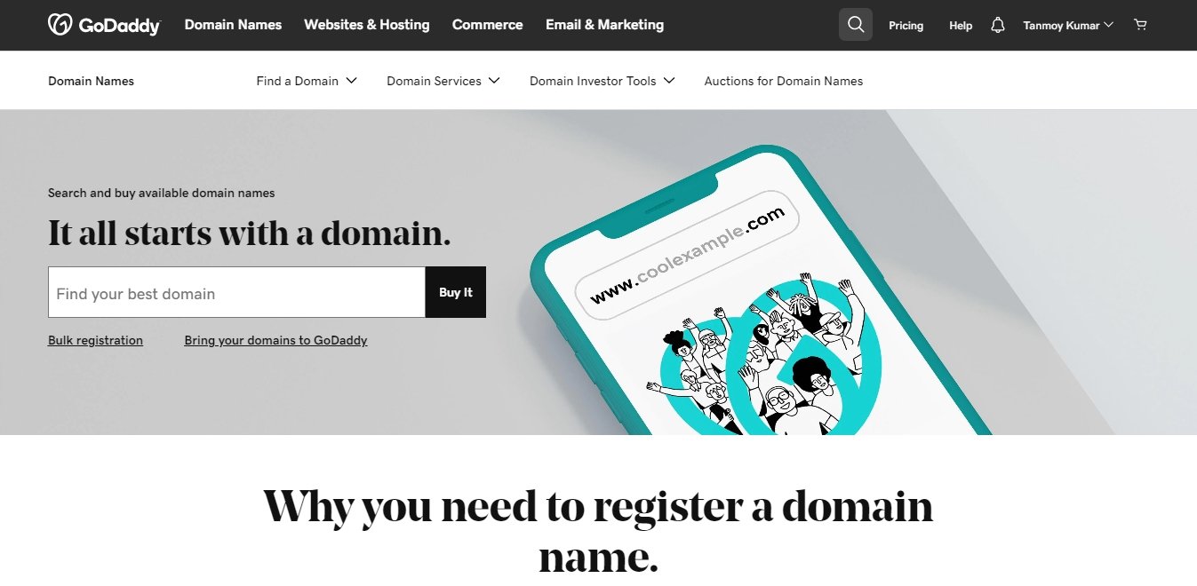 GoDaddy domain name registration page