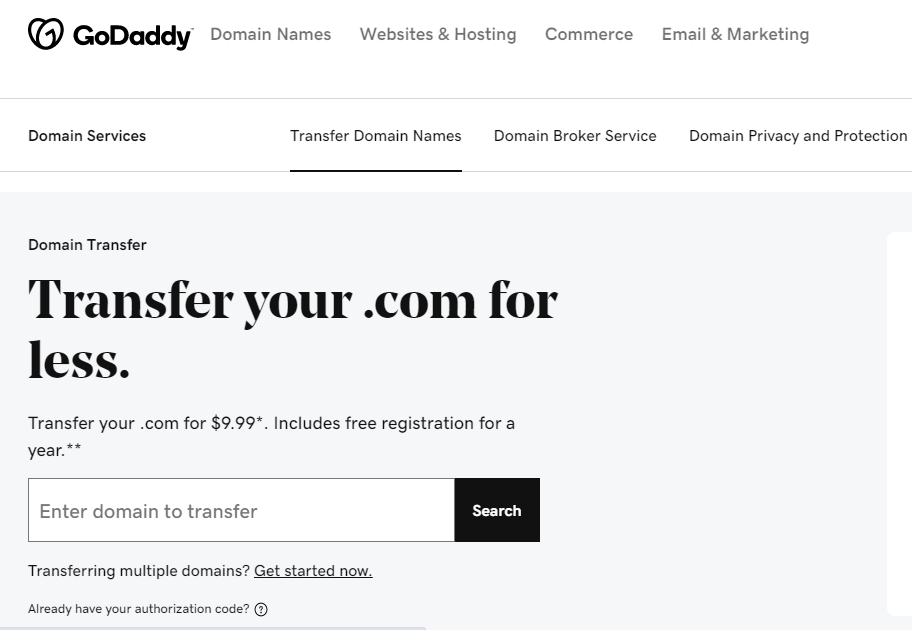 GoDaddy domain name transfer page