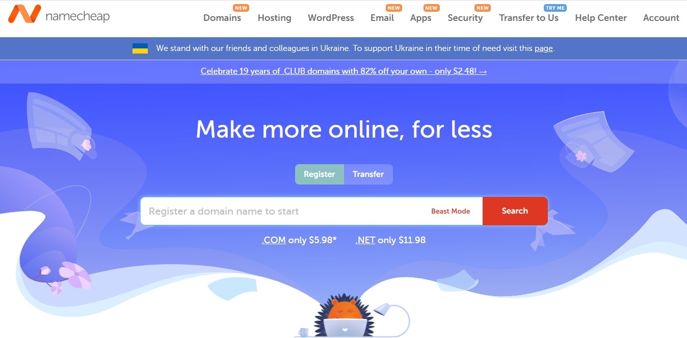 Namecheap Hompage with domain name search tolol