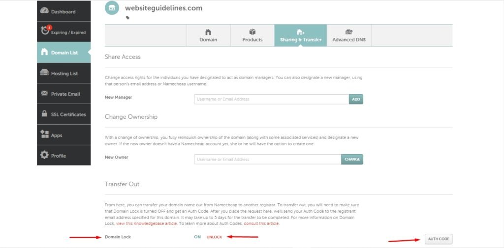 Active domain Sharing & Transfer settings page