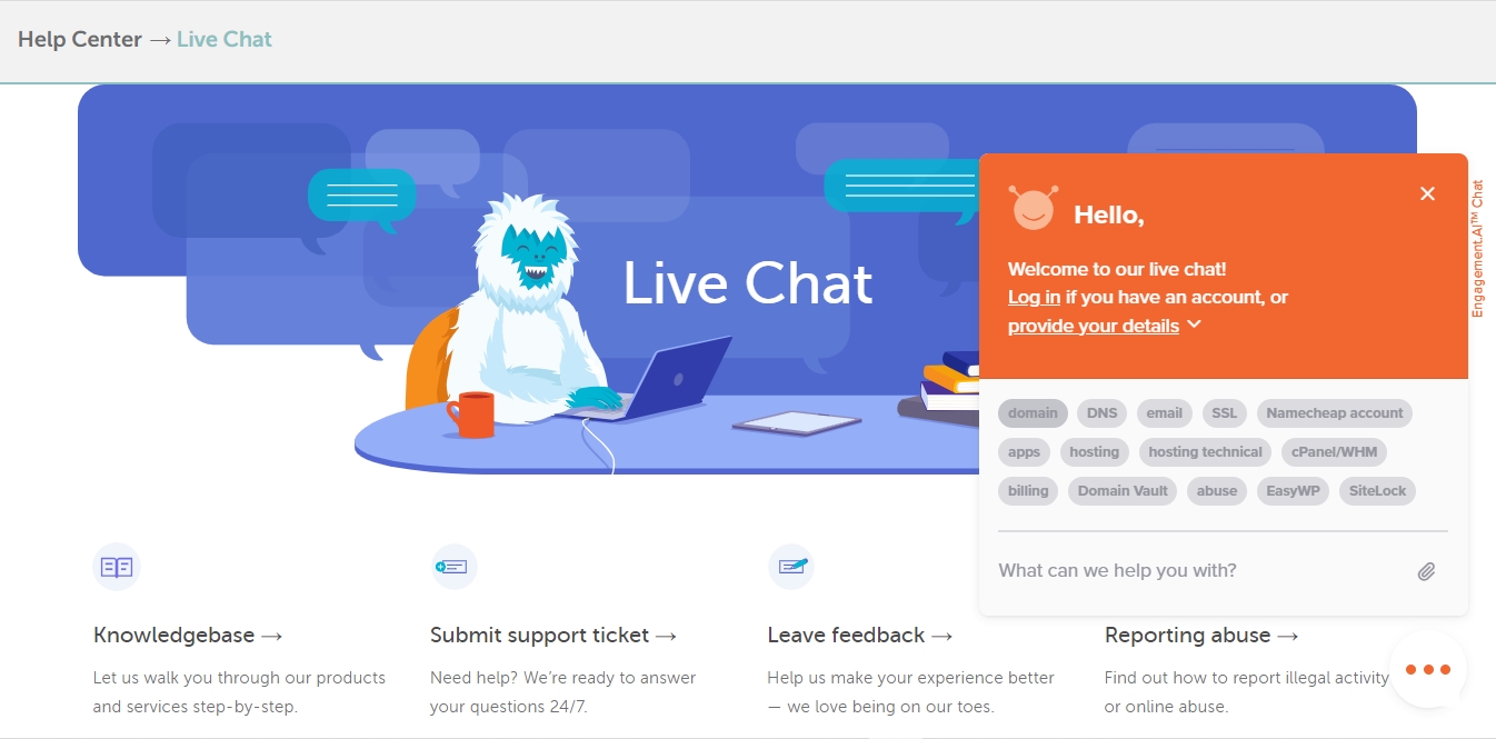 Namecheap Live chat support page