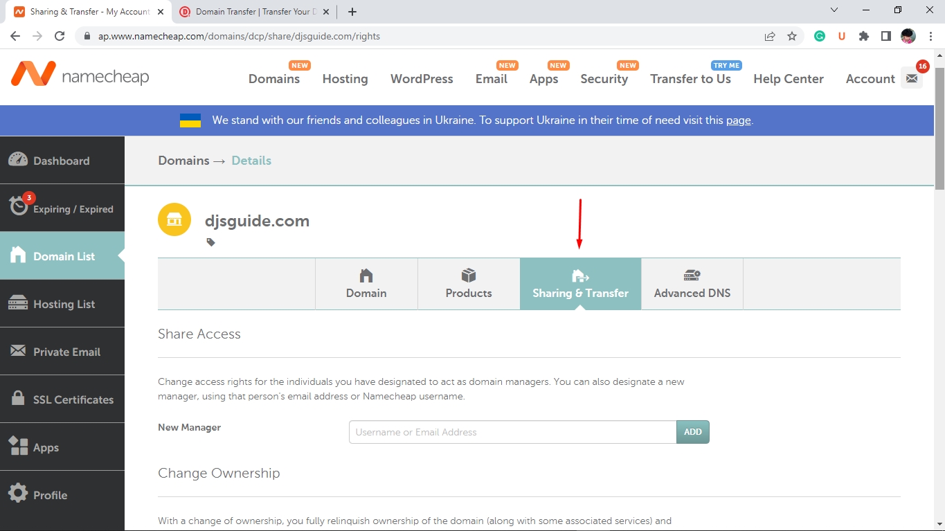 Go to domain Sharing & Transfer page