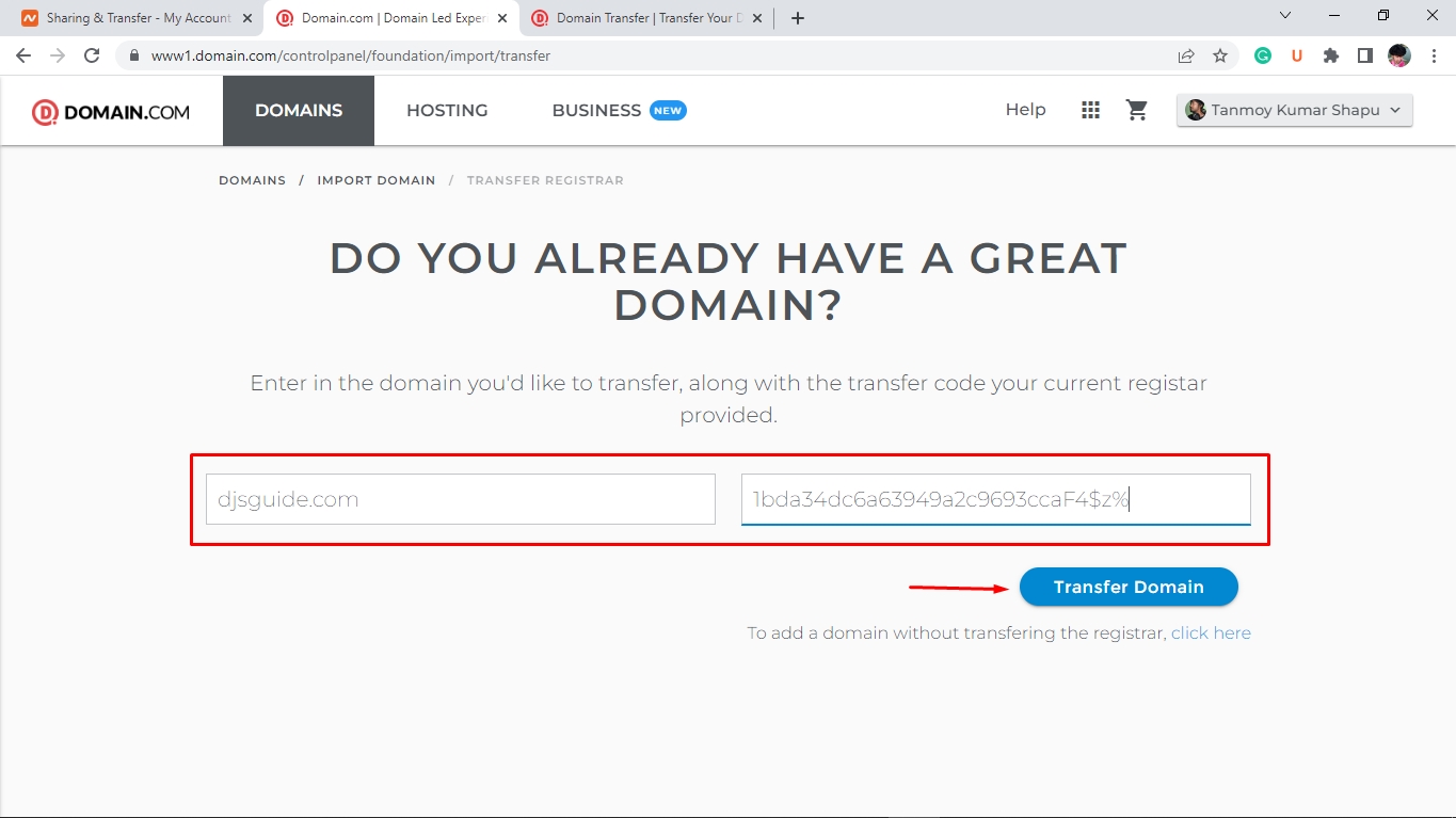 Paste your AUTH code and click on Transfer Domain