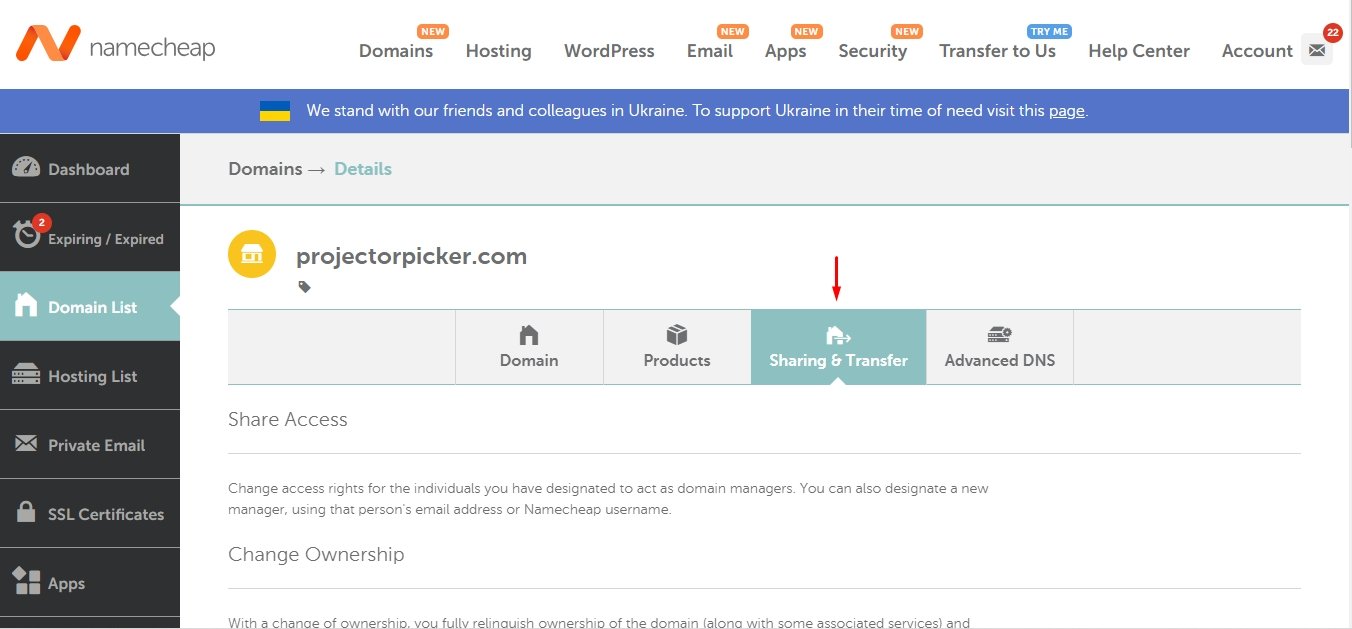 Namecheap Sharing and Transfer page