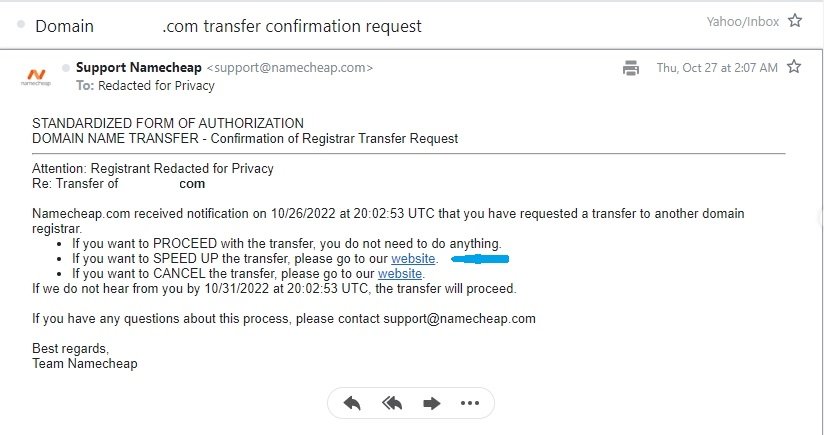 Transfer confirmation request e-mail to accept