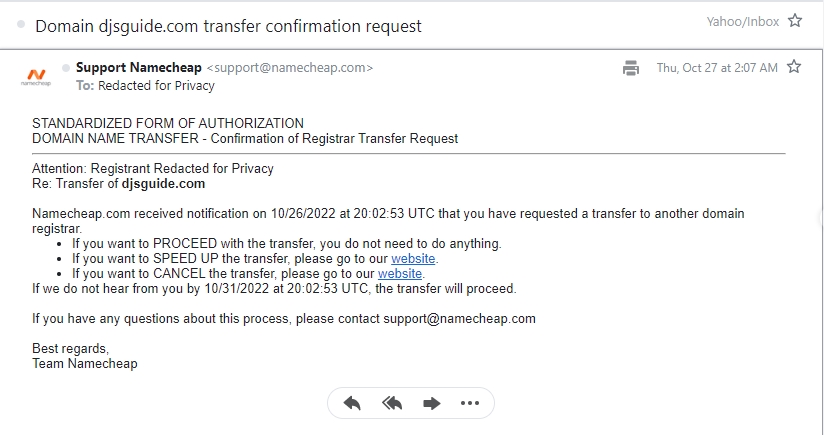 Transfer confirmation request e-mail