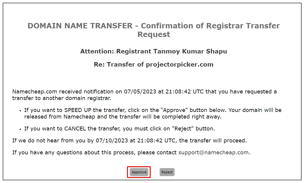 Approve the transfer to complete the request.