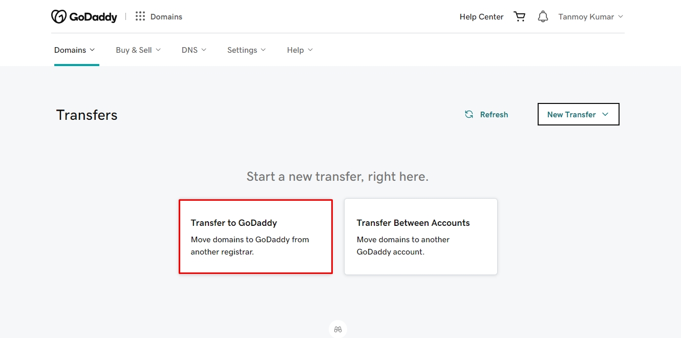 GoDaddy Transfer page