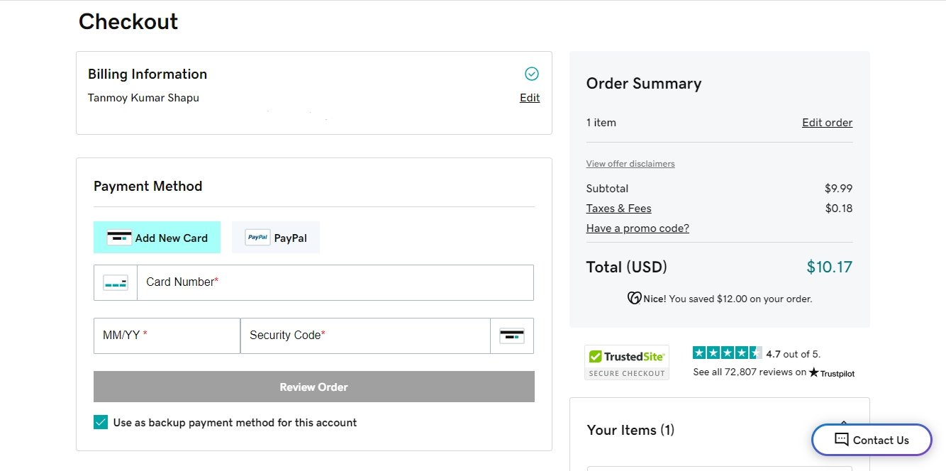GoDaddy checkout page with billing Payment methods