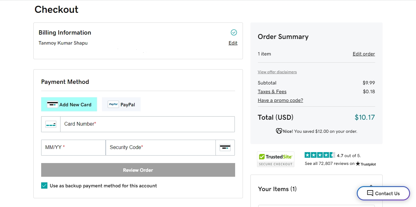 GoDaddy checkout page with billing Payment methods