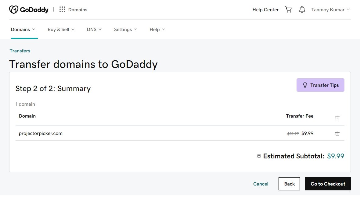 GoDaddy domain transfer checkout details