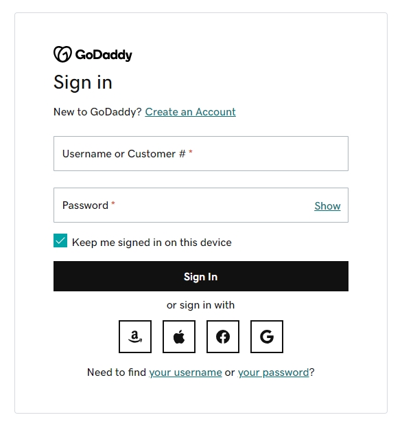 GoDaddy login page