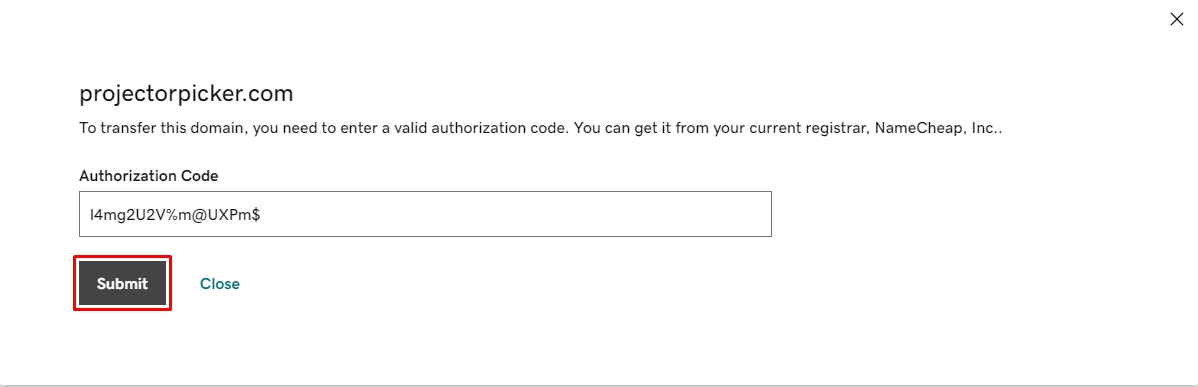 Submit to finalize the domain transfer