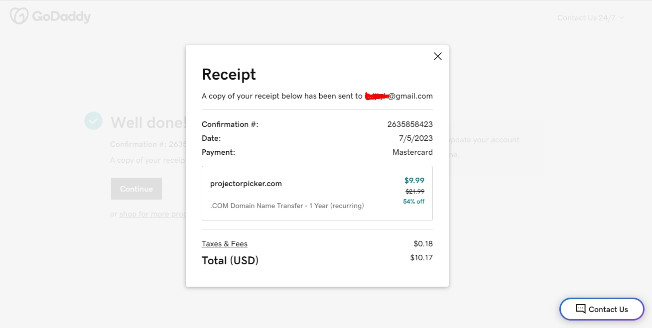 The GoDaddy purchase receipt